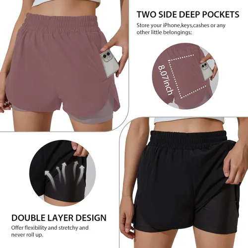 Vista 5 de BMJL Pantalones cortos de correr para mujer, cintura elástica, cintura alta, bolsillos, pantalones cortos deportivos para entrenamiento, gimnasio