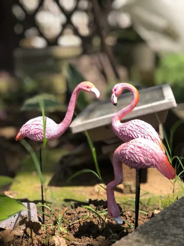 Vista 6 de MUAMAX Púas de flamenco en miniatura, paquete de 2 accesorios de jardín de hadas, figuras de flamenco de jardín en miniatura rosa, estacas