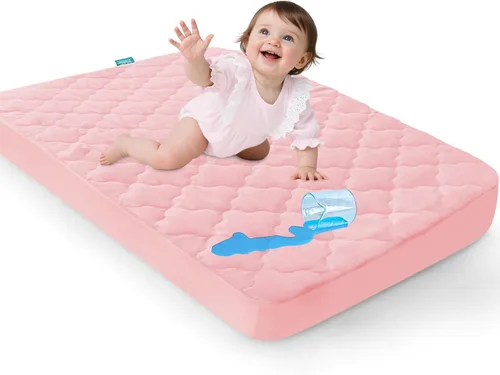Vista 5 de Waterproof Pack and Play Mattress Pad Sheets Fitted, Pink Protector Cover
