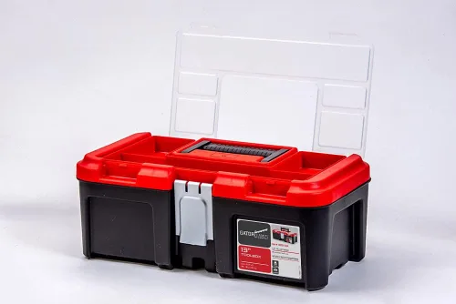 Vista 3 de Caja de herramientas resistente de 13 pulgadas, 3 compartimentos, bandeja de herramientas extraíble, tapa fuerte, mango de fácil agarre, hecha