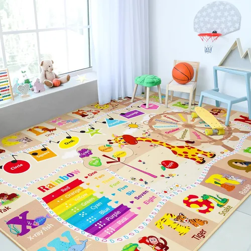 Vista 16 de Chicrug Alfombra educativa para niños de 3 x 5 pies para sala de juegos, TPR antideslizante para niños, alfombra de aula para aprender animales ABC