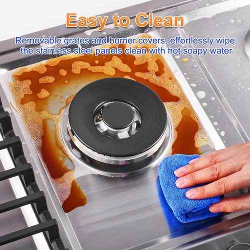 Vista 7 de AMZCHEF Placa de cocina de gas de 30 pulgadas con 5 quemadores SABAF fabricados en Italia. Máx. 48300 BTU/hr Estufa de gas incorporada de acero