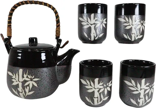 Vista 2 de Ebros - Juego de tetera de porcelana japonesa de bambú de la suerte negra y carbón, 20 onzas, sirve para 4 invitados con mango de madera de bambú