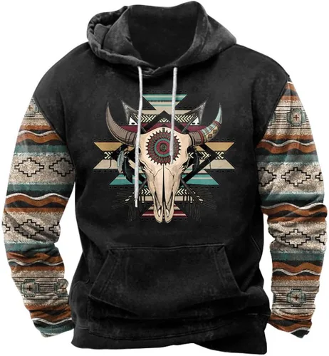 Vista 8 de HOTYD Western Cowboy Hooded Sweatshirt Vintage Aztec Pullover Men Casual Long Sleeve Drawstring Hoodies with Pocket
