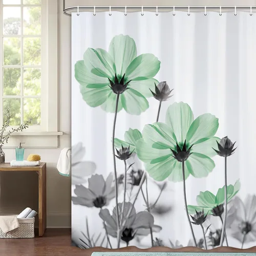 Vista 34 de MERCHR Cortina única floral azul para decoración de baño, cortina de ducha estilo granja con flores de margarita azul y gris elegantes y diseño