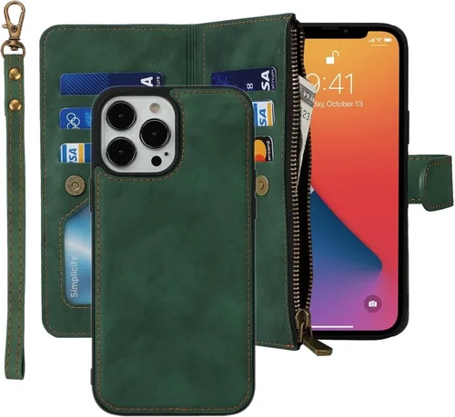 Vista 9 de iCoverCase Compatible con iPhone 13 Pro Max - Funda tipo cartera para teléfono con tarjetero, piel sintética, bolsillo con cremallera, magnética