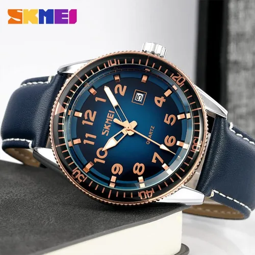 Vista 5 de SKMEI Relojes para hombre, correa de cuero negro, deportivo, grande, grande, de lujo, impermeable, luminoso, vestido de moda, casual, analógico