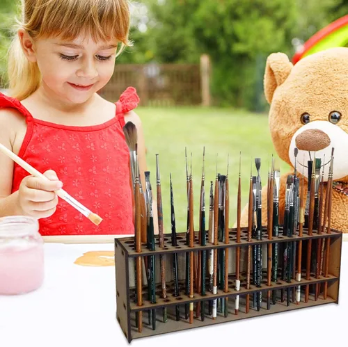 Vista 6 de Organizador de pinceles de madera para pintura, soporte de almacenamiento de 67 agujeros, soporte para pinceles de arte para niños