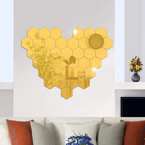 Vista 7 de RW-103 - 36 calcomanías acrílicas para espejo hexagonal, bricolaje, removibles, geométricos 3D, decoración de pared para dormitorio, sala de estar