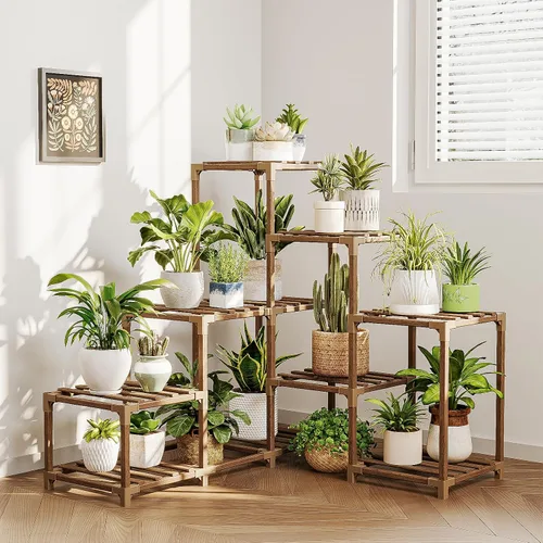 Vista 22 de Bamworld - Soporte esquinero para plantas de interior y exterior, mesa pequeña para varias plantas, estante de madera para jardín, patio, césped