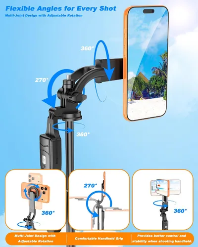 Vista 5 de Trípode magnético para teléfono con mando a distancia, trípode para selfie stick de 67 pulgadas para vlogging, plegado de 11.7 pulgadas, soporte
