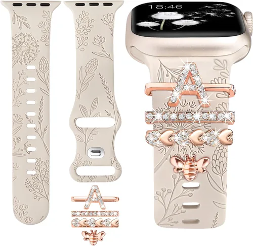Vista 13 de Minyee Compatible con Apple Watch Banda con Encantos para Mujeres 41mm 40mm 38mm 42mm 44mm 45mm 49mm Anillos Decorativos en Forma de Flor