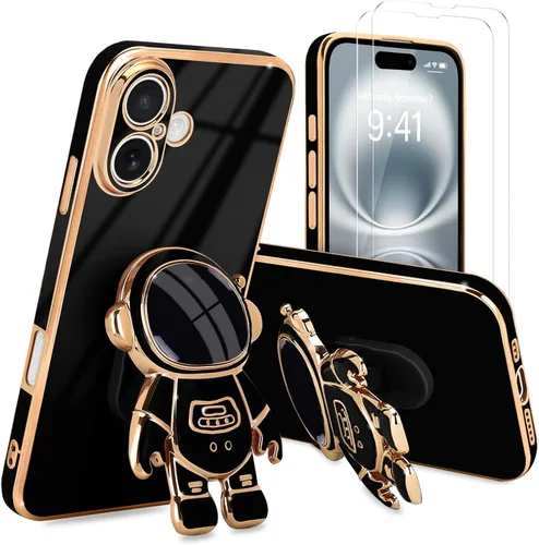 Vista 79 de Pepmune - Funda para iPhone 15 con soporte de astronauta 3D, color negro [2 Screen Protector], Luxury Electroplated Soft TPU Cover with Kickstand