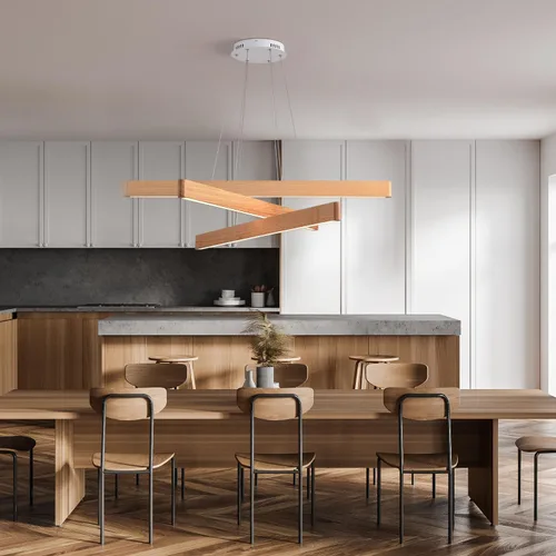 Vista 3 de Lámpara colgante lineal natural de madera maciza de 3 luces, moderna lámpara colgante LED regulable, candelabro para mesa de comedor, isla