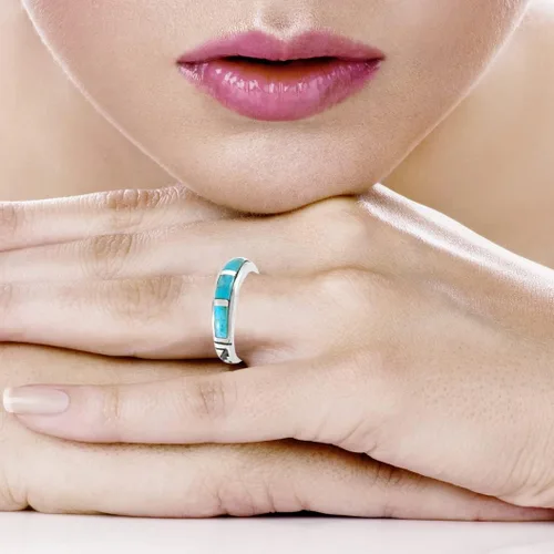 Vista 2 de Anillo turquesa de plata de ley 925 con piedras preciosas auténticas tamaño 6 a 11