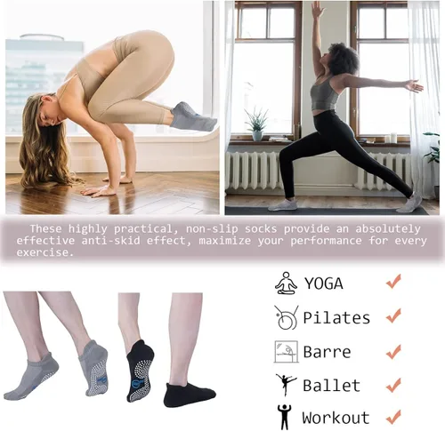 Vista 6 de Non Slip Yoga Socks with Grips for Pilates, Ballet, Barre, Bikram, Barefoot, Hospital Anti Skid Socks for Women and Men