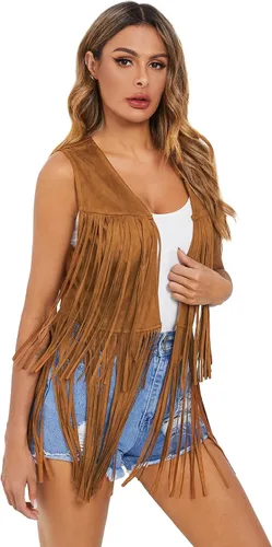 Vista 3 de Verdusa Chaleco sin mangas con borlas para mujer, estilo hippie de los años 70, de ante sintético