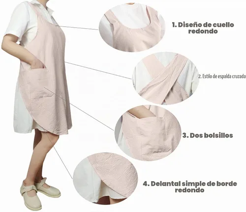 Vista 4 de Delantales de algodón con espalda cruzada, color sólido, para cocina, jardín, para mujeres y niñas con bolsillos Beige