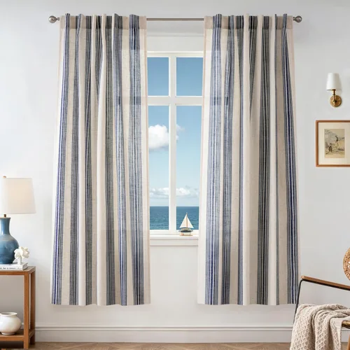 Vista 42 de DriftAway Cortinas de estilo granja con rayas verticales de lino mezclado texturizado con filtro de luz semitransparente para sala de estar