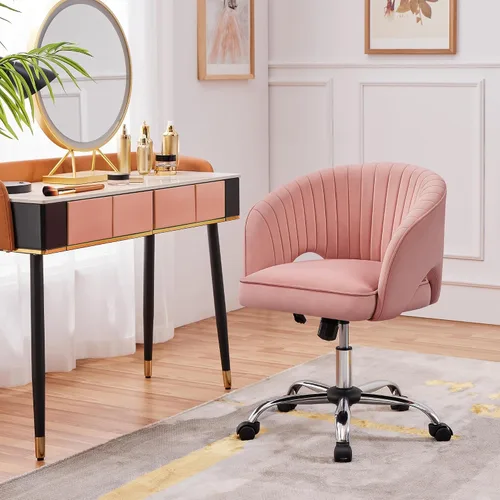 Vista 4 de Topeakmart Moderna silla de terciopelo para tocador, silla de escritorio de maquillaje, sillón ajustable con respaldo de barril copetudo para sala