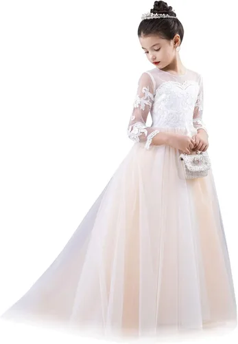 Vista 6 de Vestido de princesa de manga larga con encaje blanco marfil GZY202, Marfil
