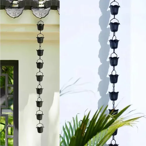 Vista 7 de Rain Chains 3.3ft-16.4ft Aluminium Alloy Rain Chain Black Powder Coated, Functional and Decorative Replacement for Gutter Downspouts(1m (3.3ft))