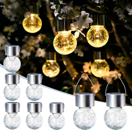 Vista 10 de Solpex Luces solares colgantes al aire libre, paquete de 8 luces decorativas de bola de vidrio agrietado, iluminación solar impermeable, luces