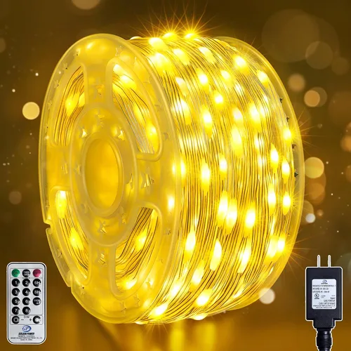 Vista 11 de Tira de luces LED para exteriores de 132 pies, 400 luces LED enchufables IP67, impermeables, con control remoto, 11 modos regulables, blanco cálido