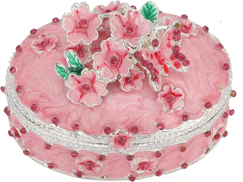 Vista 7 de Caja de joyería decorativa con diseño de flores de cerezo con bisagras, pequeña caja de joyería decorativa con cristales rosados para regalo