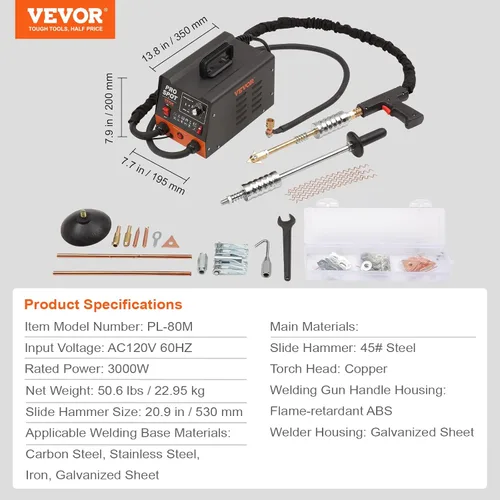 Vista 7 de VEVOR Kit de soldador de espárragos para reparación de abolladuras, soldador por puntos de 3 kW, extractor de abolladuras con 6 modos de soldadura