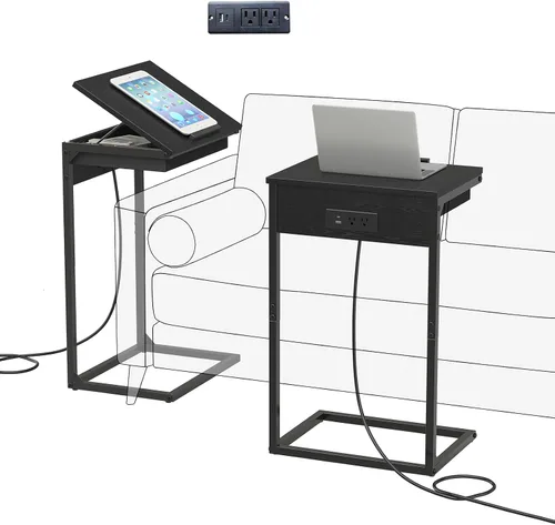 Vista 15 de sthmec Mesa auxiliar en forma de C con estación de carga, mesa auxiliar abatible ajustable de 45° con almacenamiento, mesa pequeña en C