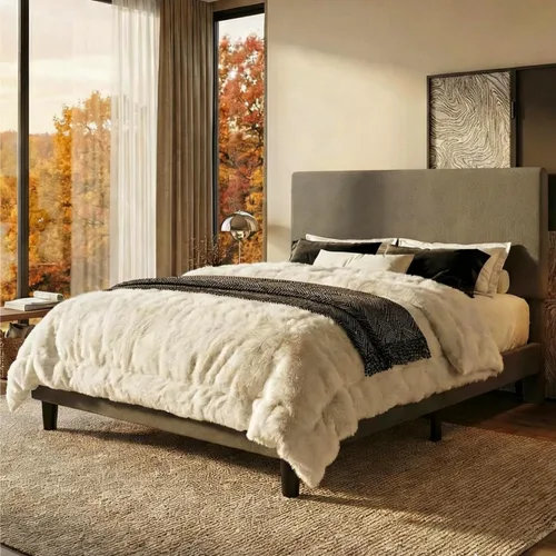 Vista 9 de SHA CERLIN - Base de cama con plataforma de tamaño completo con cabecera ajustable y soporte de listones de madera, base de colchón tapizada