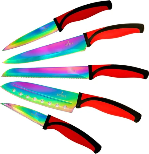 Vista 12 de SiliSlick Rainbow - Juego de cuchillos de cocina afilados de acero inoxidable con revestimiento de titanio, chef, pan, Santoku, pelar y utilidad