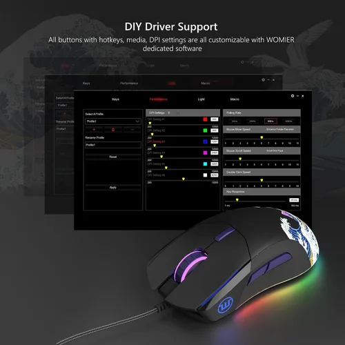 Vista 3 de Womier Ratón para juegos con cable, mouse de anime RGB negro con computadora ergonómica 12000DPI/6 botones programables botones programables