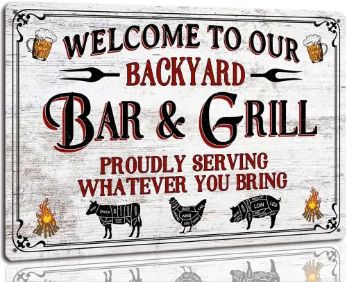Vista 10 de Letreros de metal para decoración de patio trasero, letrero de metal para exteriores, con texto en inglés "Welcome To Our Backyard Bar