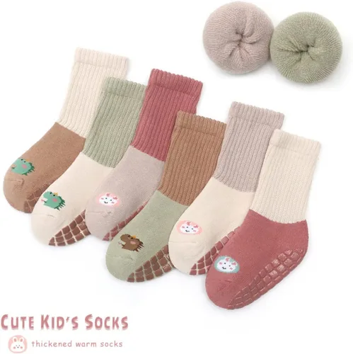 Vista 2 de Calcetines antideslizantes para bebé, calcetines cálidos y gruesos antideslizantes para niñas, niños y recién nacidos, 6 pares