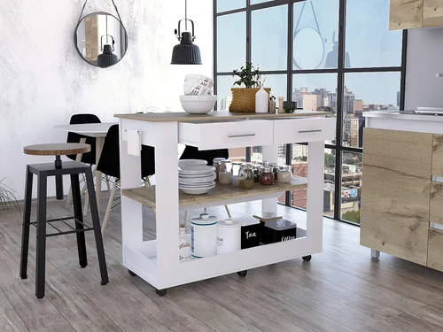 Vista 4 de FM FURNITURE Brooklyn 80 Isla de cocina con acento de roble claro, con estantes y cajones