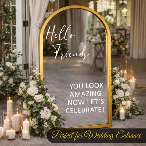 Vista 2 de Aldera Graphics Calcomanía de espejo para selfie para boda, diseño de Hello Friends Now Let's Celebrate - Vinilo negro rectangular para boda