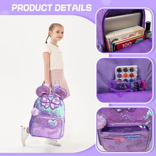 Vista 28 de Mochila para niñas de 16 pulgadas, mochilas para niñas para la escuela, mochila de lentejuelas con lonchera para estudiantes de primaria
