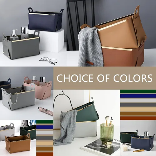 Vista 6 de Cesta decorativa de piel sintética, cesta pequeña para entrada, mesita de noche, cómoda, caja organizadora rectangular plegable (marrón)