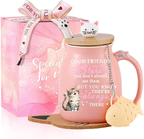 Vista 11 de BigNoseDeer Lindas tazas Kawaii de gato, taza de café de cerámica con infusor y tapa, cuchara, taza de té, regalos lindos y geniales para mujeres