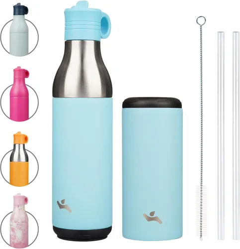 Vista 7 de Konokyo Botella de agua de acero inoxidable de 13 onzas con pajilla, aislada, botella de viaje de metal reutilizable con parte inferior extraíble