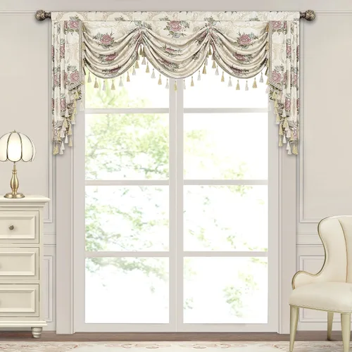 Vista 42 de Loom and Mill Cenefa de cascada de lujo de jacquard para sala de estar, elegantes cenefas de ventana con festones y cuentas damascadas, cortinas