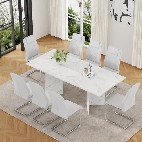 Vista 8 de Juego de mesa de comedor extensible de 63 a 79 pulgadas para 4, juego de mesa de cocina de mármol sintético blanco para 4, juego de mesa de comedor