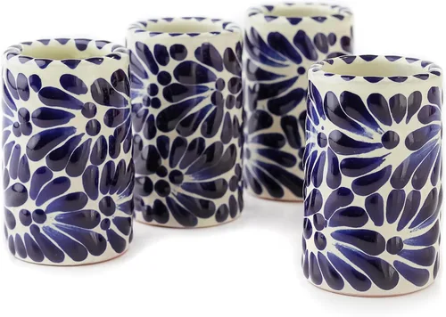 Vista 19 de Juego de 4 vasos de chupito Talavera auténticos mexicanos para tequila - Pintados a mano - 2 Oz (Corazón Azul)