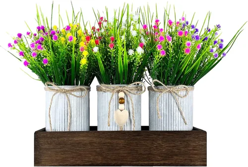 Vista 8 de Set de decoración de centro de mesa con flores artificiales, incluye 3 ramos falsos de Milán y bandeja de madera para decoración de escritorio