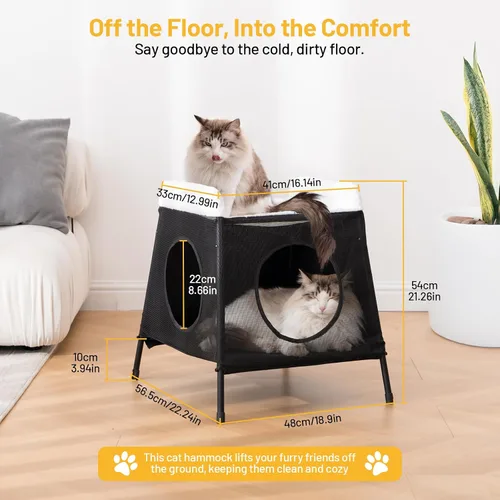 Vista 6 de Cama elevada para gatos con hamaca para gatos, casa para gatos de interior de 2 pisos con cueva y funda lavable, muebles para varios gatos
