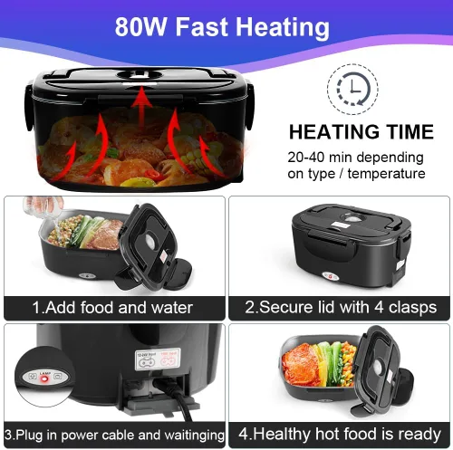 Vista 5 de IXIIE Lonchera eléctrica de 80W, calentador de alimentos para el trabajo, 12V/24V/110V, lonchera portátil para adultos con 2 envases de acero
