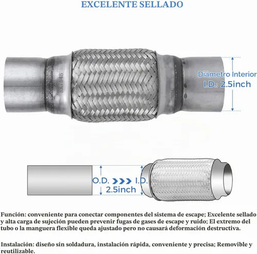 Vista 5 de Tubo Flexible de Entrada de Escape de 2.5 pulgadas, ID x 10 de Longitud Tubo Flexible, Acero Inoxidable Doble Trenza Resistente Tipo Universal Tubo