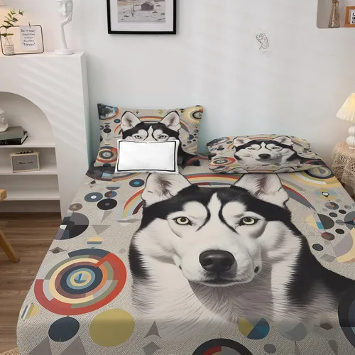 Vista 2 de Husky Sábanas tamaño individual, sábanas para perro, sábanas y fundas de almohada estampadas de 3 piezas, sábana bajera ajustable de microfibra